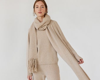 Bufanda larga de lana reciclada beige para mujer, bufanda manta de invierno y de invierno con flecos, bufanda gruesa de gran tamaño, accesorios de punto sostenible