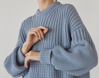 Baby blue chunky minimalist women sweater, winter cozy cotton pullover jumper, sustainable loungewear knitwear, oversized blue sweater