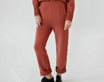 Pantalones de punto sostenibles para mujer, pantalones de invierno de cintura alta de lana reciclada, pantalones naranjas de punto grueso para mujer, regalo de invierno, ropa de salón holgada