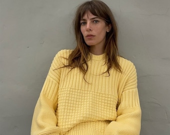 Minimalist cotton yellow sweater for women, chunky knit cozy pullover sweater, sustainable knitwear gift for her, oversized cotton jumper