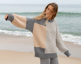 Suéter oversize gris de punto grueso para mujer, regalo de ropa sostenible para ella, jersey de lana merino de punto acogedor, ropa de invierno perfecta