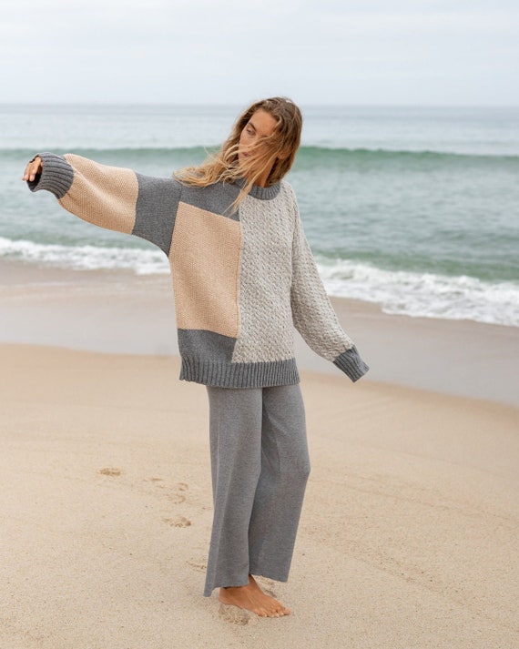 Chunky Knit Grey Oversized Sweater for Women, Sustainable Clothing