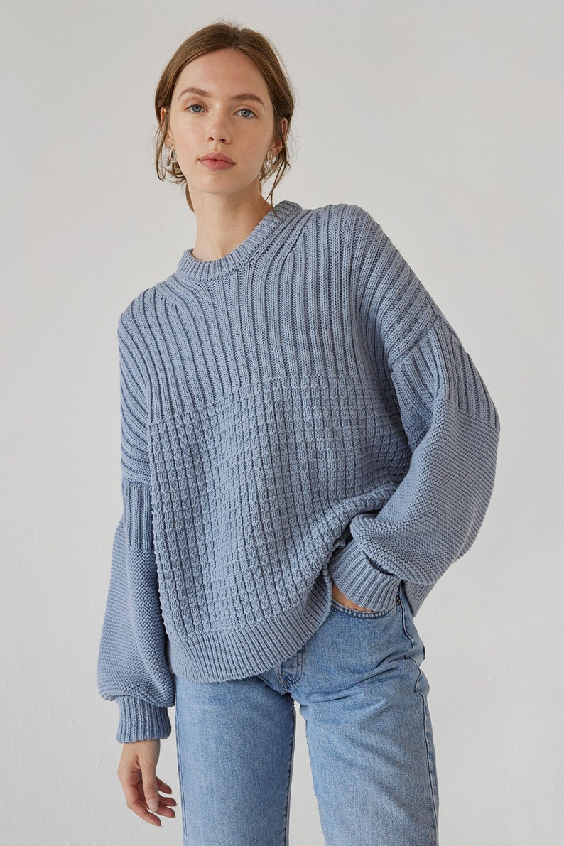 Bio Baumwolle Oversized Pullover, Grobstrick Pullover, nachhaltige Loungewear Frauen, perfekte Geschenkidee für Sie, Winterkleidung Dusty Blue