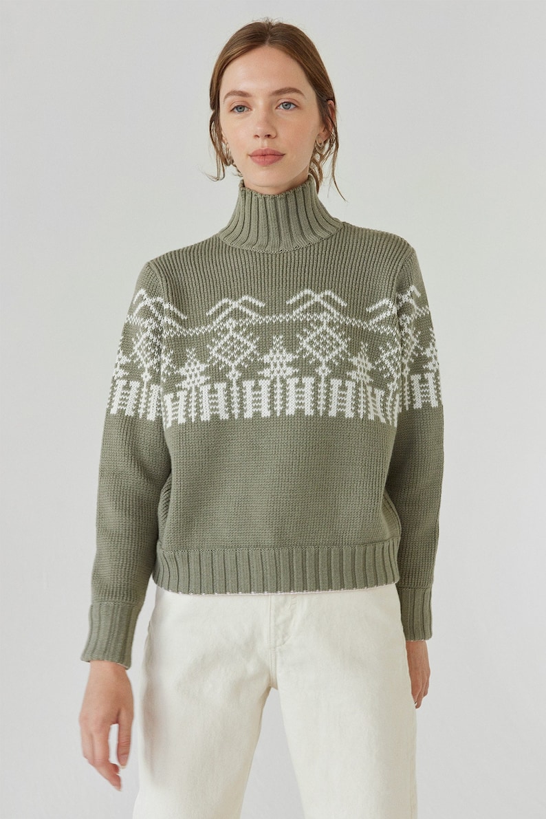 Sage green winter fairisle sweater, sustainable merino wool turtleneck sweater, perfect winter gift, fitted chunky patterned knit sweater image 1