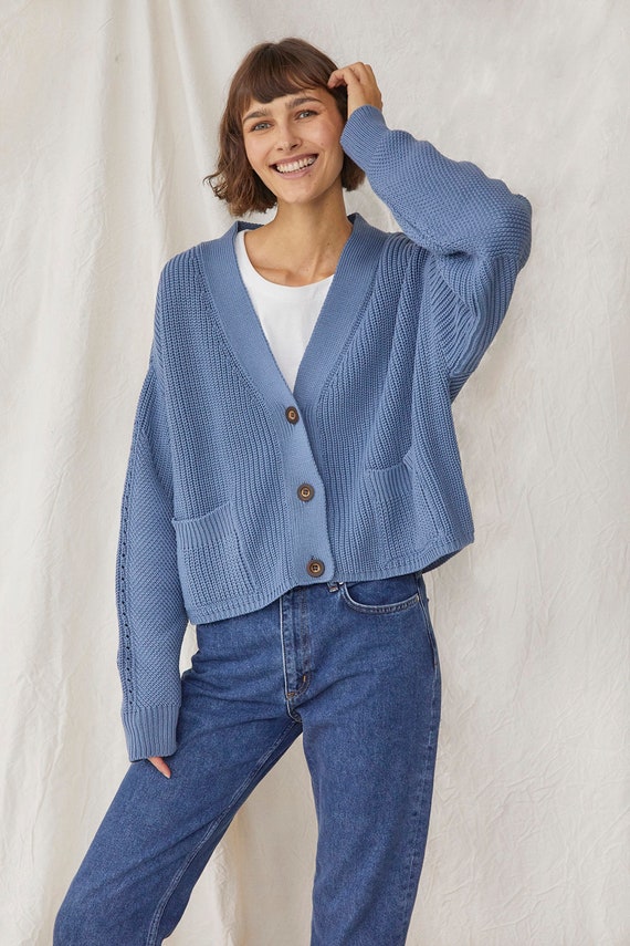 Cárdigan azul grueso de merino suéter de - Etsy España