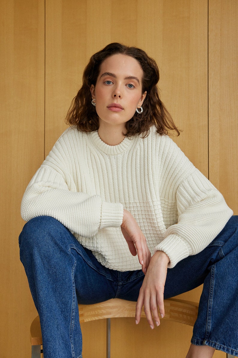 Bio Baumwolle Oversized Pullover, Grobstrick Pullover, nachhaltige Loungewear Frauen, perfekte Geschenkidee für Sie, Winterkleidung White