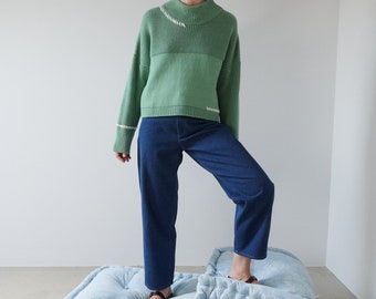 Suéter grueso de lana merino, jersey de mujer de gran tamaño, jersey de punto suelto, prendas de punto básicas minimalistas, suéter verde