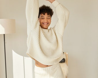 Oversize Pullover Baumwolle Pullover für Frauen, 100% Nachhaltige Loungewear Kleidung, Grobstrick Pullover für Sie, Winter Kleidung Geschenk
