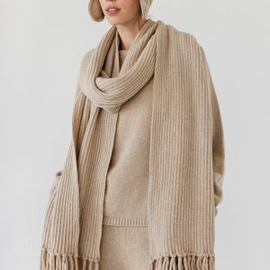 Long beige recycled wool scarf for women, winter and winter blanket scarf with fringe, oversized chunky scarf, sustainable knit accessories image 4