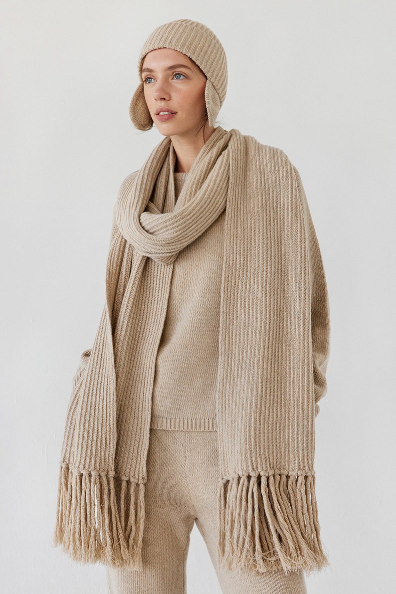 Long beige recycled wool scarf for women, winter and winter blanket scarf with fringe, oversized chunky scarf, sustainable knit accessories image 4