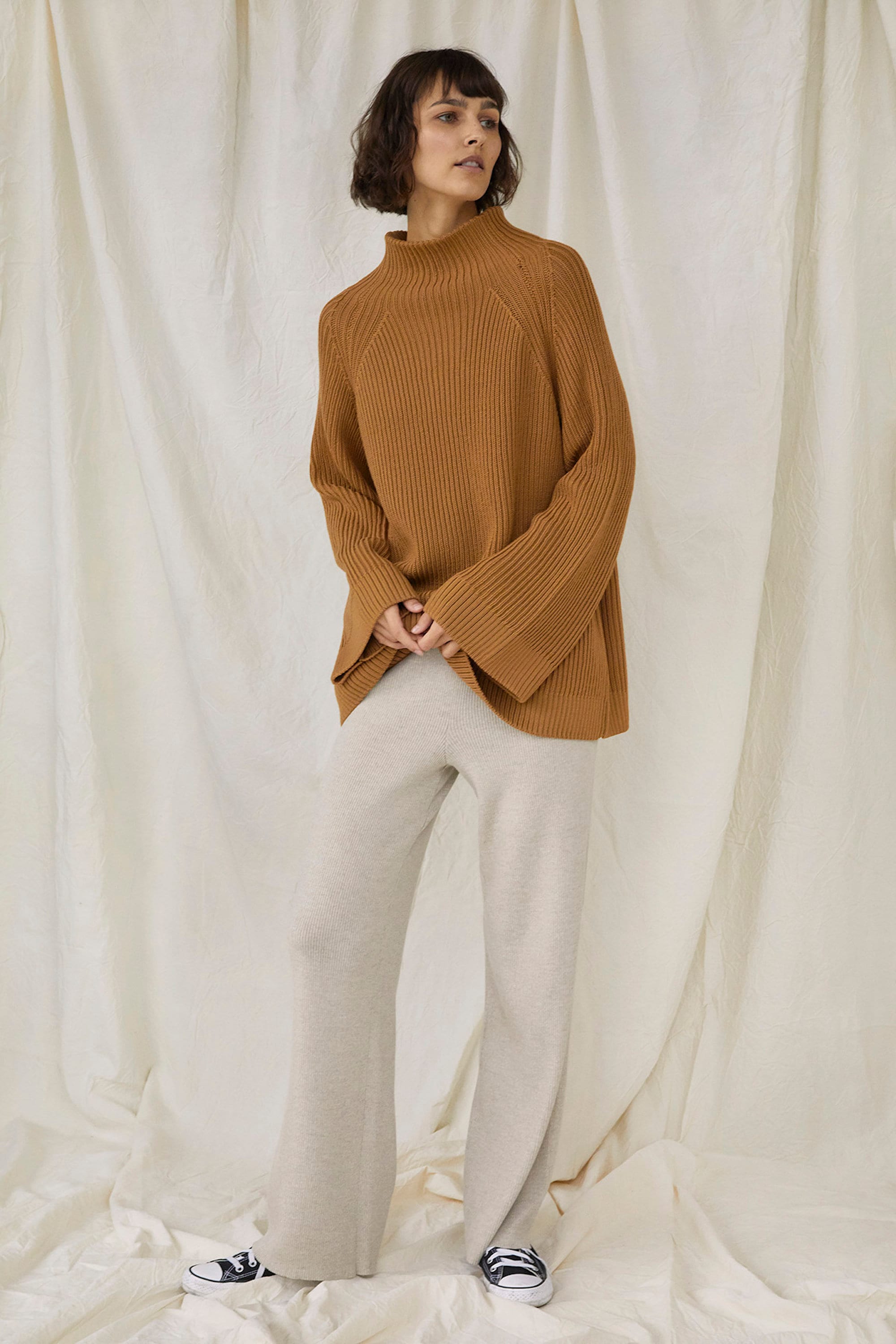 Beige Soft Merino Wool Baggy Knit Pants for Women With