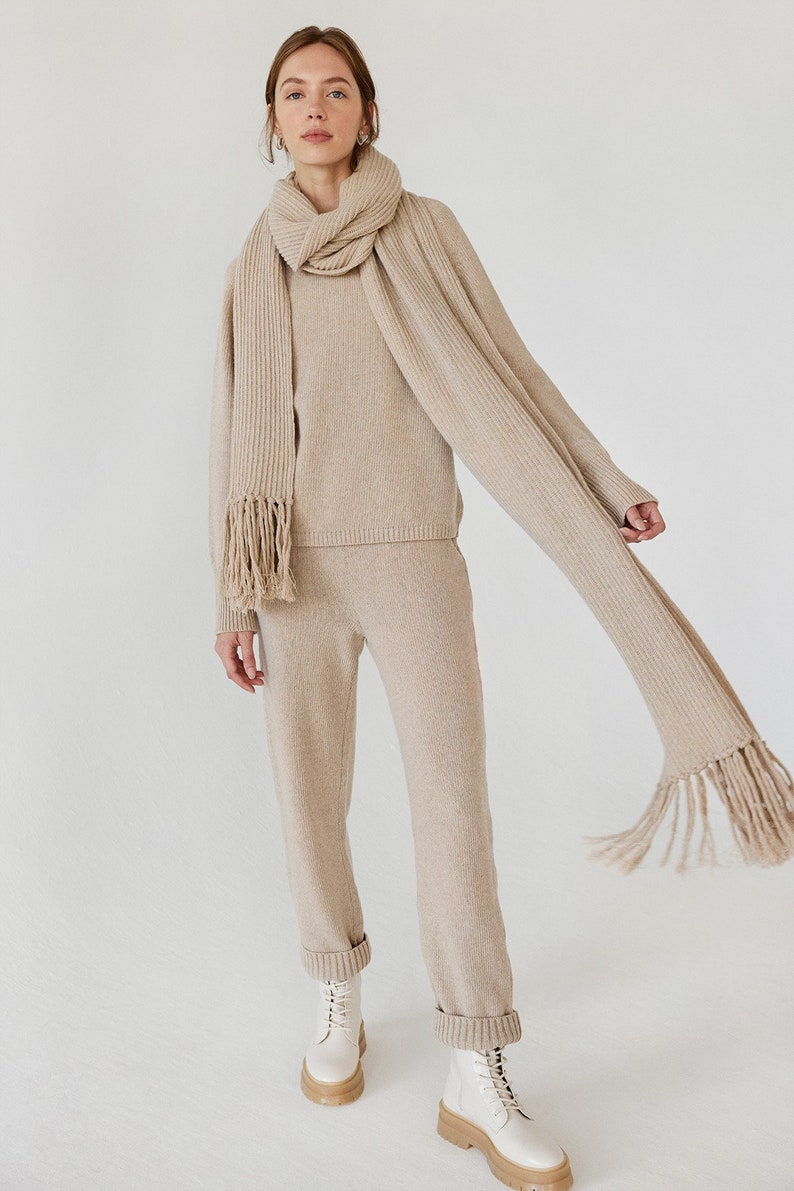 Long beige recycled wool scarf for women, winter and winter blanket scarf with fringe, oversized chunky scarf, sustainable knit accessories image 1