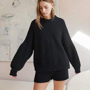 Bio Baumwolle Oversized Pullover, Grobstrick Pullover, nachhaltige Loungewear Frauen, perfekte Geschenkidee für Sie, Winterkleidung Black