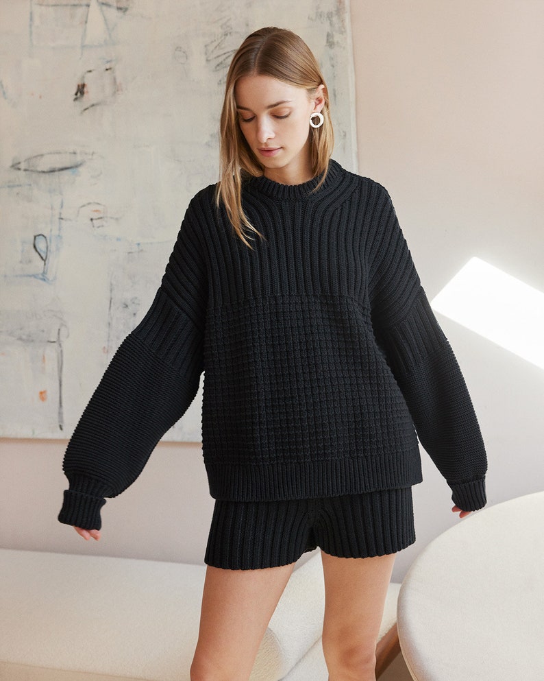 Bio Baumwolle Oversized Pullover, Grobstrick Pullover, nachhaltige Loungewear Frauen, perfekte Geschenkidee für Sie, Winterkleidung Black