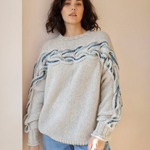 Hand knit braided sweater with embroidery, oversized chunky knit sweater, cable knit jumper, custom gift for her, aesthetic clothing image 3