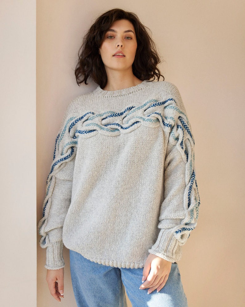 Hand knit braided sweater with embroidery, oversized chunky knit sweater, cable knit jumper, custom gift for her, aesthetic clothing image 3
