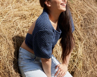 Haut ouvert au dos en tricot à la main pour femme, chemisier à nouer dans le dos en tricot à manches bouffantes, haut court en lin minimaliste, tricots d'hiver, vêtements des années 80, cadeau de demoiselle d'honneur