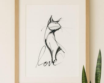 Liebe Katze Kunstdruck #3 - Tusche Zeichnung | Kreatives Büro | Digitaler Download Wandkunst