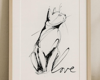 Liebe Katze Art Print - Minimalistische Strichzeichnung | Kreatives Büro | Digitaler Download Wandkunst