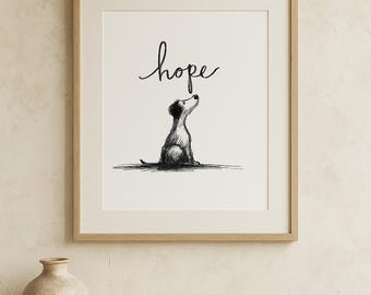 Hope Dog Kunstdruck - Tusche Linienzeichnung | Kreatives Büro | Digitaler Download Wandkunst