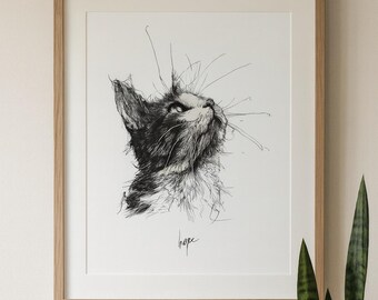 Hope Katze Kunstdruck - Tusche Zeichnung | Kreatives Büro | Digitaler Download Wandkunst