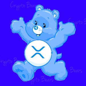 May include: A light blue cartoon bear with a white circle on its belly, featuring a blue "XRP" symbol. The bear is set against a dark blue background and has its arms raised in a thumbs-up gesture. The words "Crypto Bears" are written in a cursive font.