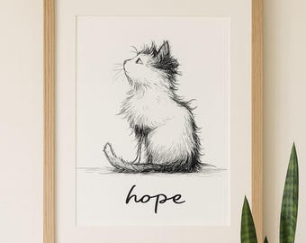 Hope Katze Kunstdruck #2 - Minimalistische Strichzeichnung | Kreatives Büro | Digitaler Download Wandkunst