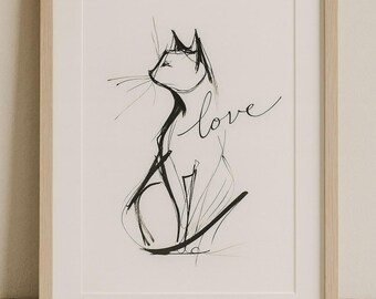 Liebe Katze Kunstdruck #2 - Minimalistische Strichzeichnung | Kreatives Büro | Digitaler Download Wandkunst