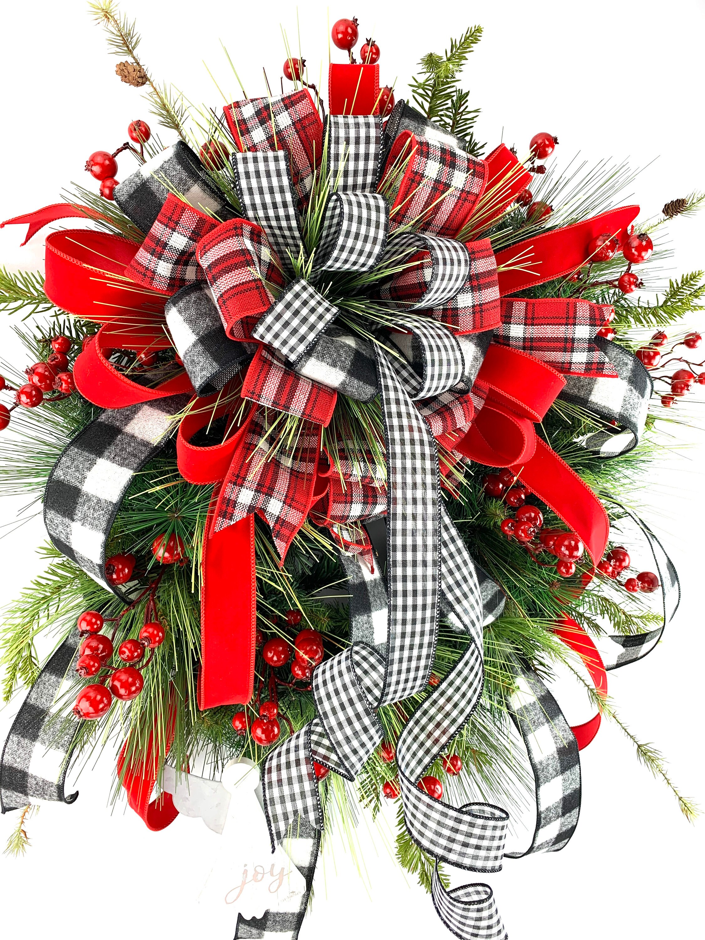 Christmas Evergreen Wreath, Black and White Buffalo Check Ribbon