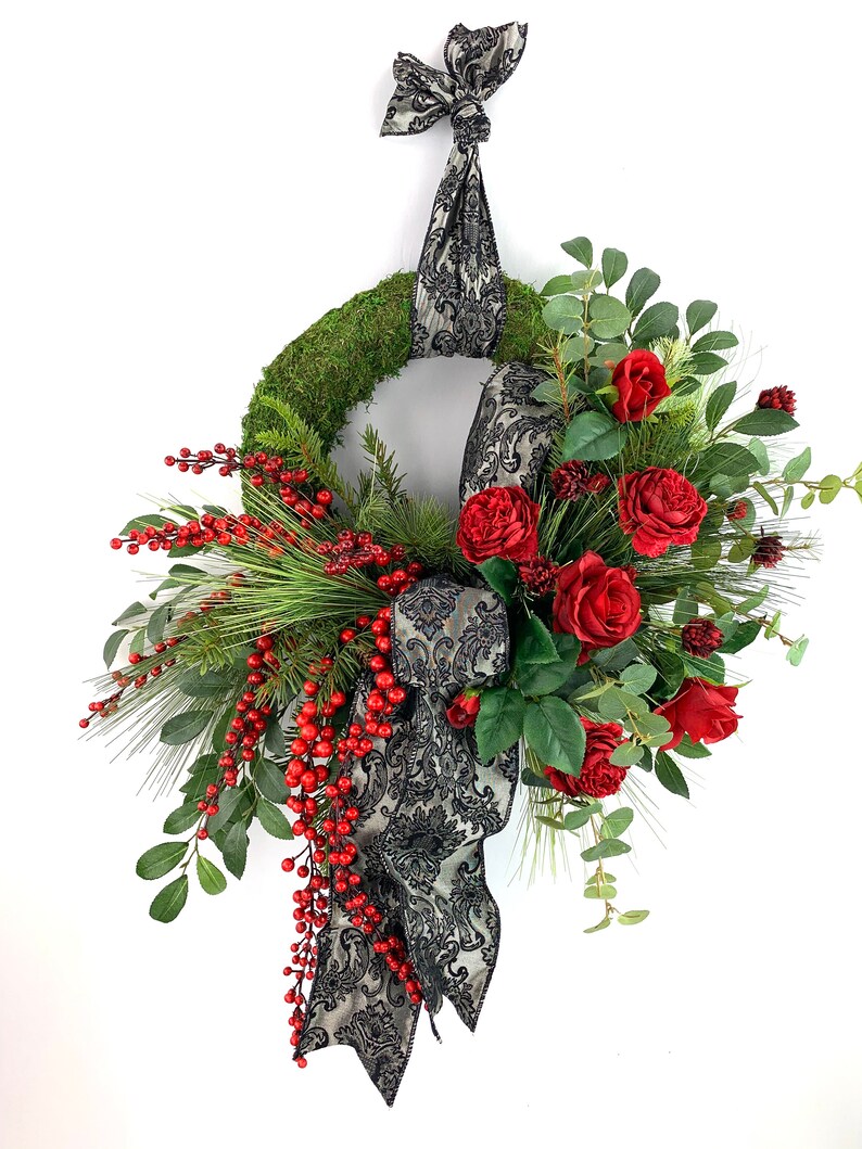 FREE SHIPPING Jacquard Print Ribbon Elegant Moss Christmas Wreath with Roses and Berries Christmas Wreath Holiday Wreath Moss Wreath