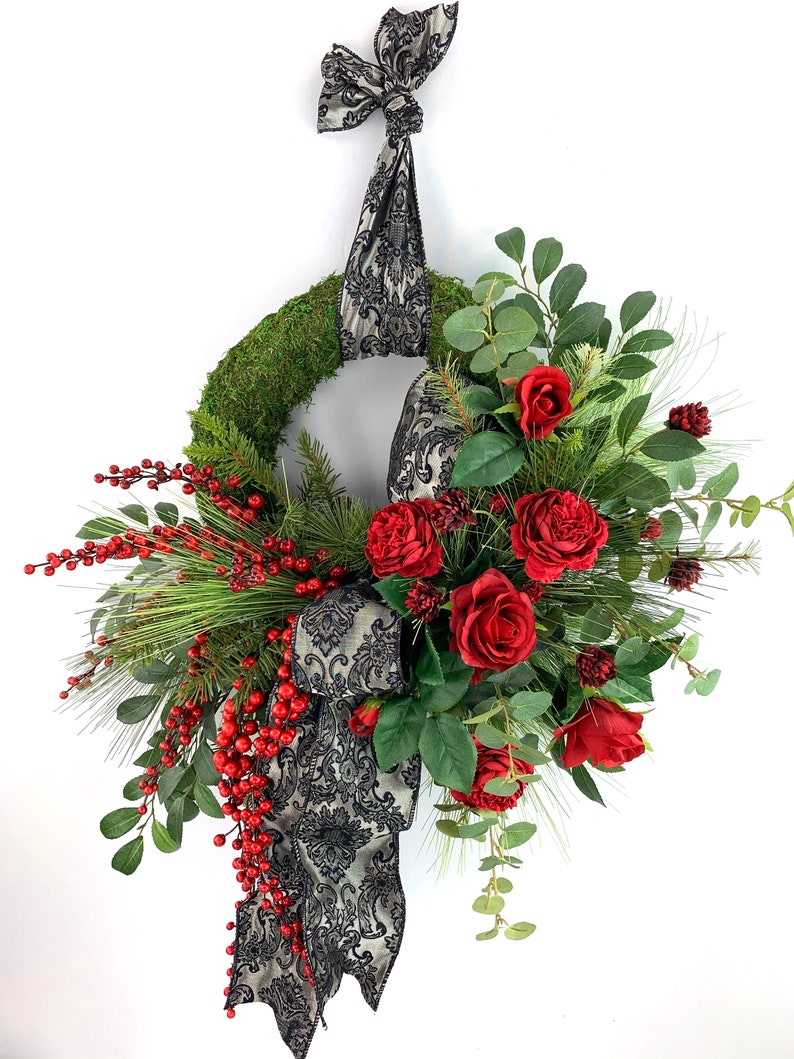 FREE SHIPPING Jacquard Print Ribbon Elegant Moss Christmas Wreath with Roses and Berries Christmas Wreath Holiday Wreath Moss Wreath