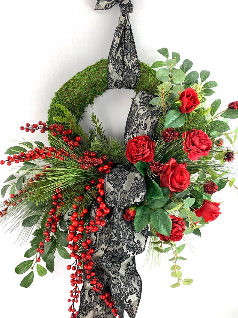 FREE SHIPPING Jacquard Print Ribbon Elegant Moss Christmas Wreath with Roses and Berries Christmas Wreath Holiday Wreath Moss Wreath