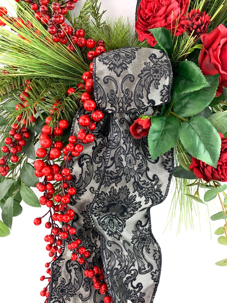 FREE SHIPPING Jacquard Print Ribbon Elegant Moss Christmas Wreath with Roses and Berries Christmas Wreath Holiday Wreath Moss Wreath