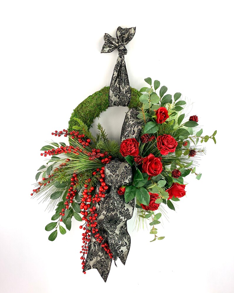 FREE SHIPPING Jacquard Print Ribbon Elegant Moss Christmas Wreath with Roses and Berries Christmas Wreath Holiday Wreath Moss Wreath