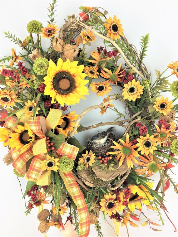 Sunflower Wreath Fall Door With Birds