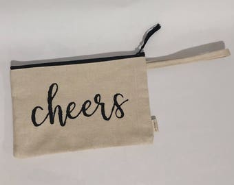 Cheers Canvas Bag Bachelorette Party Favor Hostess Gift  Wedding Favor for Bridesmaids Bridal Shower Gift Bridal Makeup Bag Wristlet Clutch