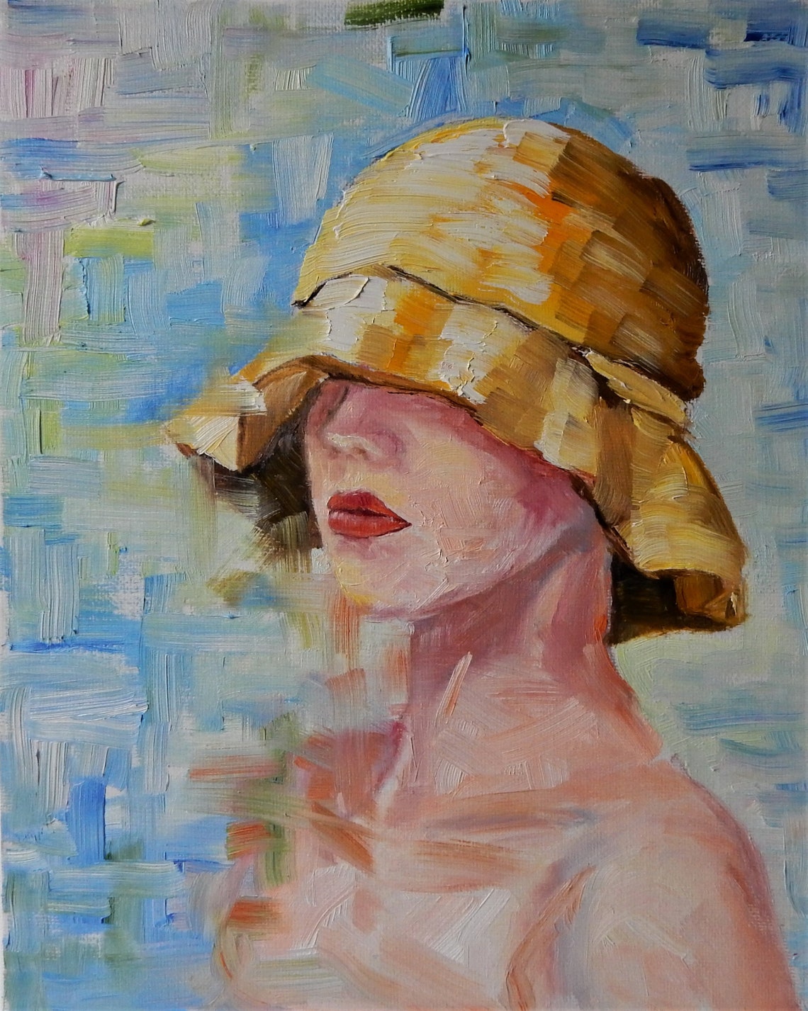 Modern Original oil painting Woman yellow hat.Portrait palette Etsy