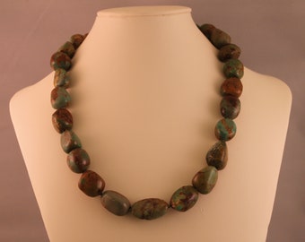 Natural Green Turquoise Nugget Single Strand Beaded Statement Necklace