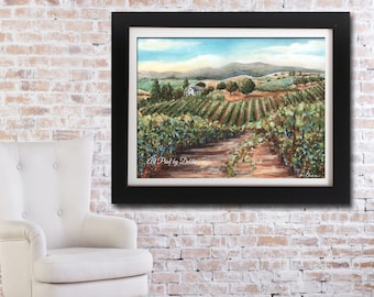Wine Art, Wine Theme, Wine Cellar Art, Napa Valley Fine Art Print, Wine Decor, Reproduction Of Original Painting, Tuscan Vinyard Painting