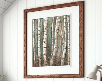 Birch Tree Watercolor Print, Farmhouse Decor, Abstract Forest Painting, Nature Wall Art, Large Horizontal Tree Painting, Over Bed, Fireplace