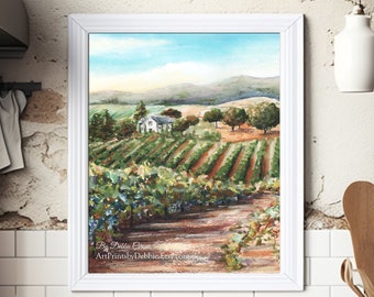 Italian Kitchen Wall Art, Wine Lover Gift, Tuscan Kitchen Decor, Italian Gift For Woman, Vineyard Watercolor Painting, Italy Print, Napa