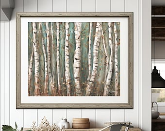 Birch Tree Wall Art, Over Bed Wall Decor, Abstract Nature Print, Modern Farmhouse Landscape Painting, Aspen Forest Watercolor Living room