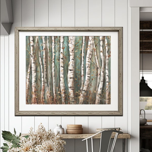 Birch Tree Wall Art, Over Bed Wall Decor, Abstract Nature Print, Modern Farmhouse Landscape Painting, Aspen Forest Watercolor Living room