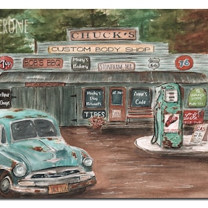 Custom Personalized Birthday Gift For Him, Unique Great Dad Gift, Classic Car Lover Print, Antique Gas Station Garage, Unframed 8x10 24x36 image 2