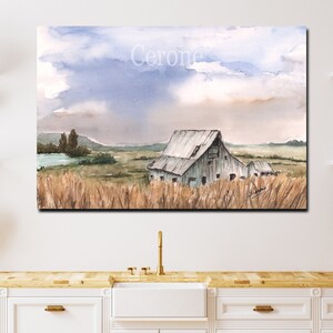 Old Barn Watercolor Painting Canvas Wall Art, Modern Farmhouse Wall Decor, Long Narrow Wall Art for Above Fireplace, Rustic Country Kitchen