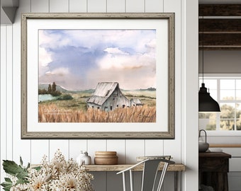 Farm Landscape Painting, Farmhouse Wall Art, Rustic Barn Painting, Vintage Country Decor, Large Rustic Barn Picture, Living Room Wall Decor