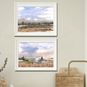 2er Set Drucke, minimalistische Landschaft, Drucke, große horizontale moderne Bauernhaus-Wandkunst, rustikale Scheunenmalerei