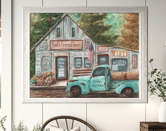 Modern Farmhouse Kitchen Wall Decor, Teal Blue Gray Personalized Pickup Truck Print, Family Name Anniversary Gift For Him, Vintage Country