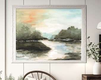 Landscape Watercolor Print, Farmhouse Decor, Abstract, Nature Green Trees, Blue River, Minimal Horizontal Painting For Over Bed Or Fireplace