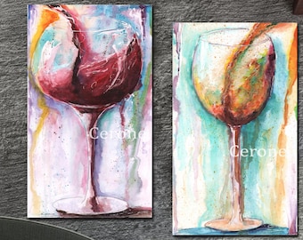 Wine Canvas Wall Decor, Red Wine, White Wine, Set Of 2 Thick Wrapped Canvases, Abstract Modern Colorful Watercolor Wine Glass Art, Red Gold